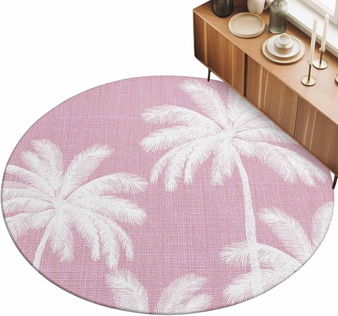 Washable Round Area Rug Boho Pink Palm Trees Vintage Circle Rugs Floor Carpet for Living Room Bedroom, Summer Tropical Leaves Soft Non Slip Round Rug 5ft