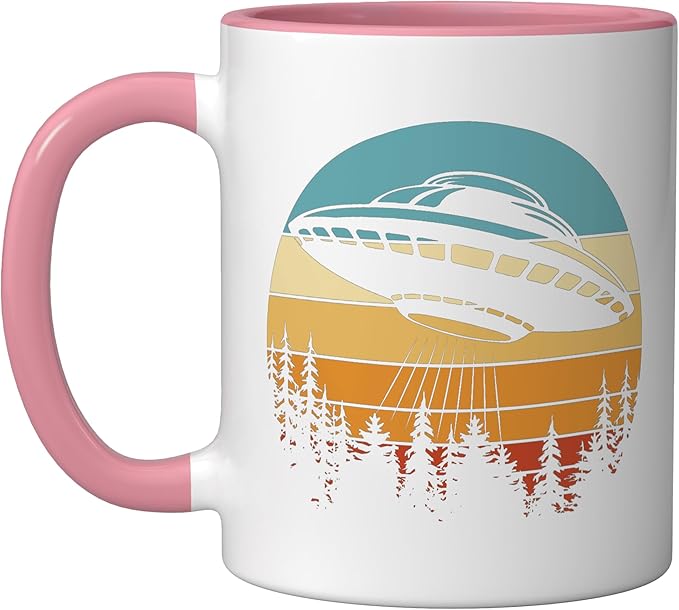 Alien UFO Flying Saucer Abduction Retro Ceramic Mug, Pink/White