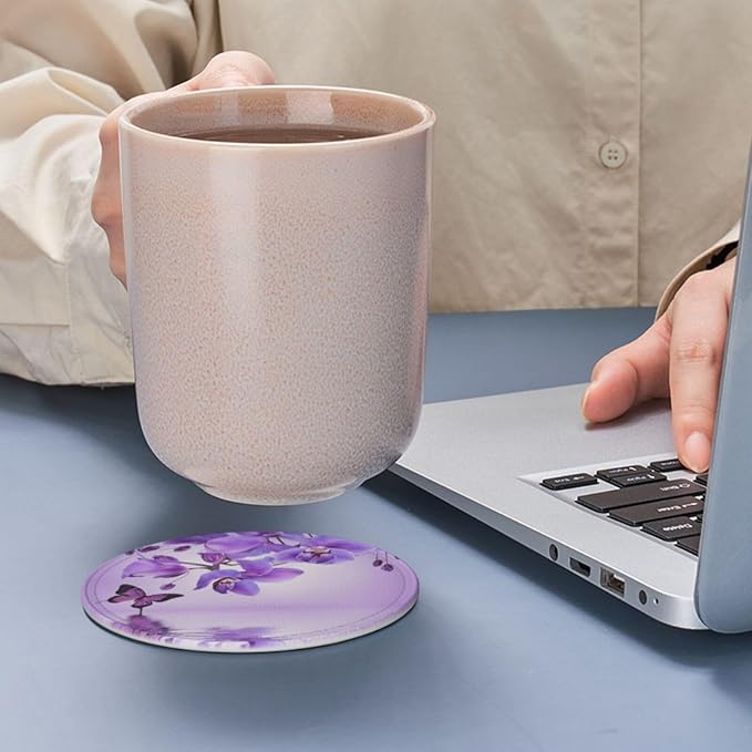 Famame 6 Pcs Orchid Purple Butterfly Leather Coasters for Drinks with Holder Coaster Sets Drink Table Cup Coasters for Living Room Kitchen Coffee Decor
