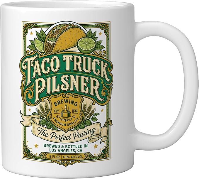 Taco Truck Pilsner Retro cerveza Funny Beer Label Ceramic Mug, White