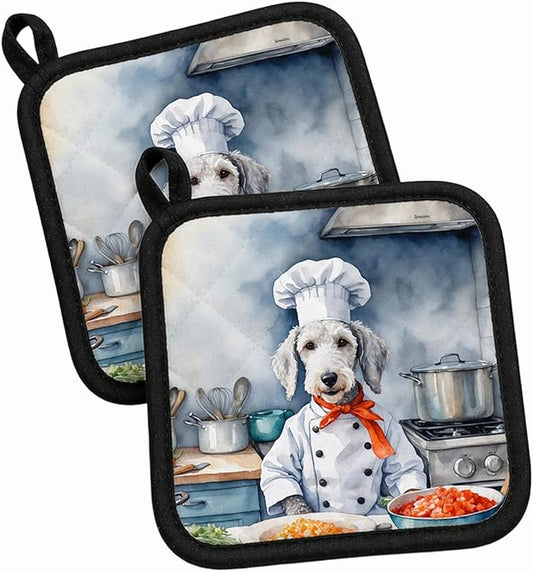 Caroline's Treasures Bedlington Terrier The Chef Pair of Pot Holders Kitchen Heat Resistant Pot Holders Sets Oven Hot Pads for Cooking Baking BBQ, 7 1/2 x 7 1/2