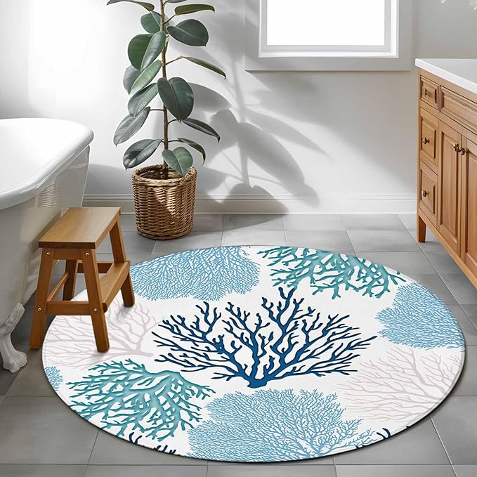 Washable Round Area Rug Classic Sea Blue Coral Circle Rugs Floor Carpet for Living Room Bedroom, Abstract Marine Life Scenery Soft Non Slip Round Rug 4ft