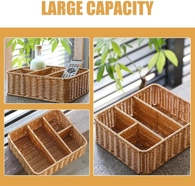 Wicker Divided Storage Basket, Rectangular Hand-woven Baskets Plastic Drawer Baskets Organizer for Organizing Cabinet Coffee Table Toilet Paper