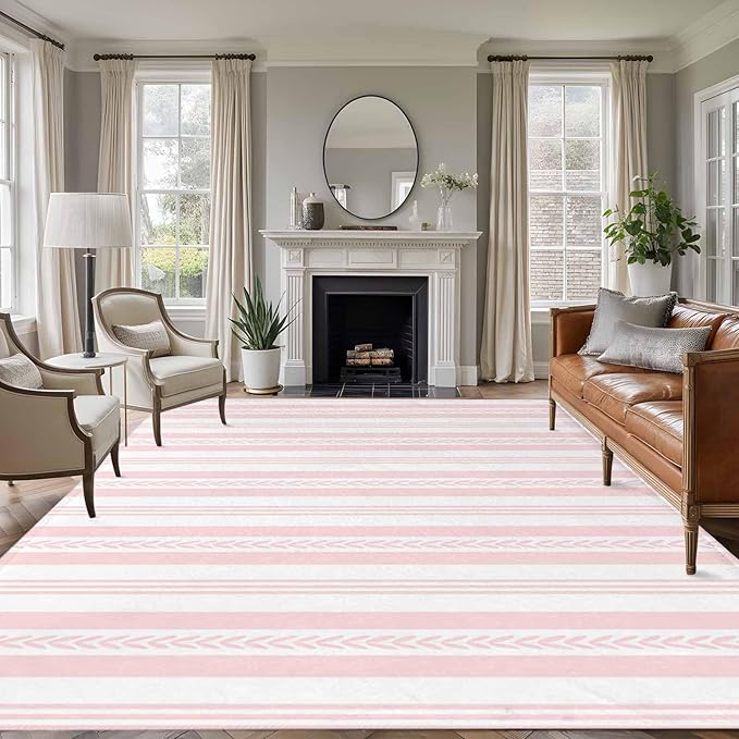 Area Rug 8x10ft, Abstract Leaf Geometric Line Washable Rugs for Living Room Bedroom, Modern Pink Stripe Theme Soft Non-Slip Area Rugs Rectangle Floor Carpet for Dining Room
