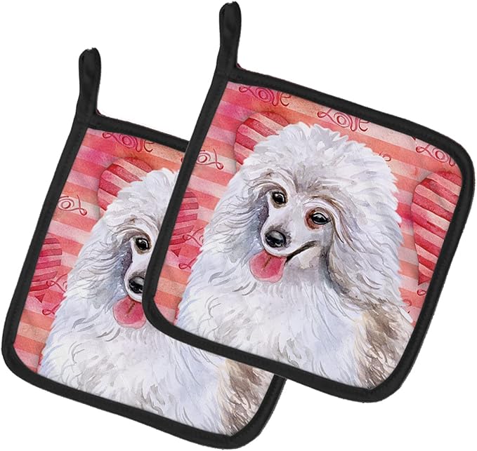 Caroline's Treasures BB9770PTHD Medium White Poodle Love Pair of Pot Holders, Red Kitchen Heat Resistant Pot Holders Sets Oven Hot Pads for Cooking Baking BBQ, 7 1/2 x 7 1/2