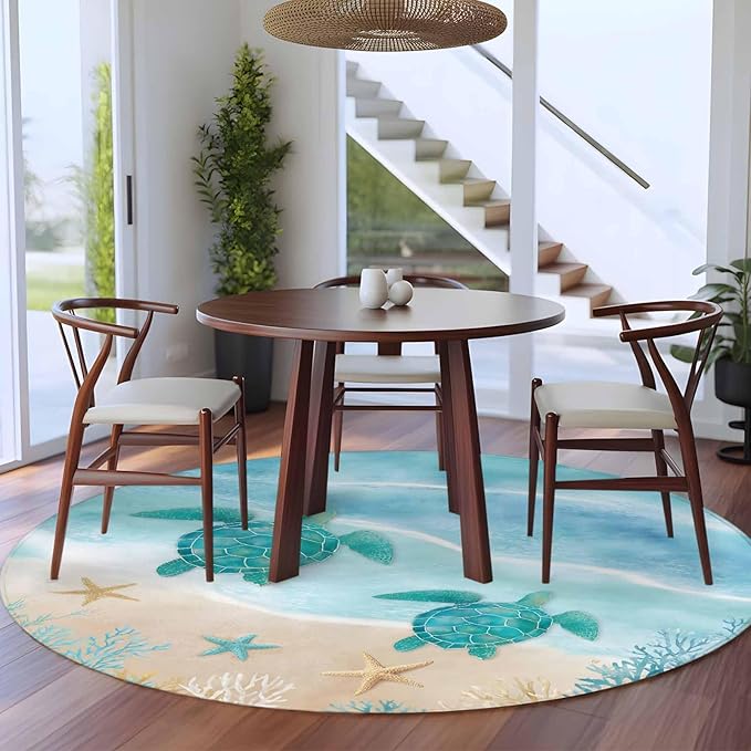 Washable Round Area Rug Sea Turtle Starfish Coral Circle Rugs Floor Carpet for Living Room Bedroom, Summer Seaside Ocean Life Soft Non Slip Round Rug 5ft
