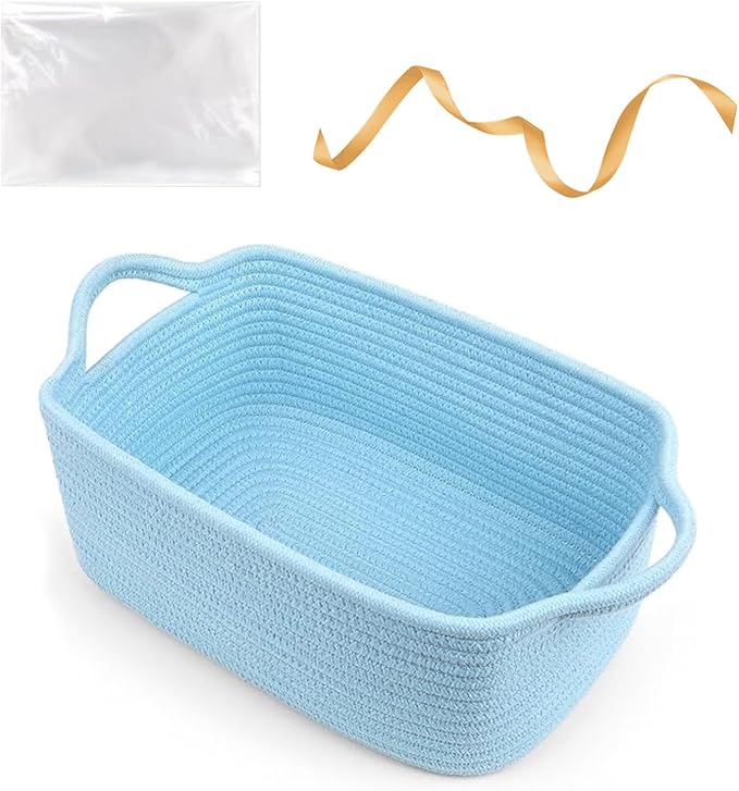 Large Empty Gift Baskets to Fill, Cute Woven Basket for Teen Girls, Women, Baby Shower - SweetMemo Decorative Small Toy Bin with Handles for Decor, Bathroom, with Gifting Bags and Ribbon, Sky Blue