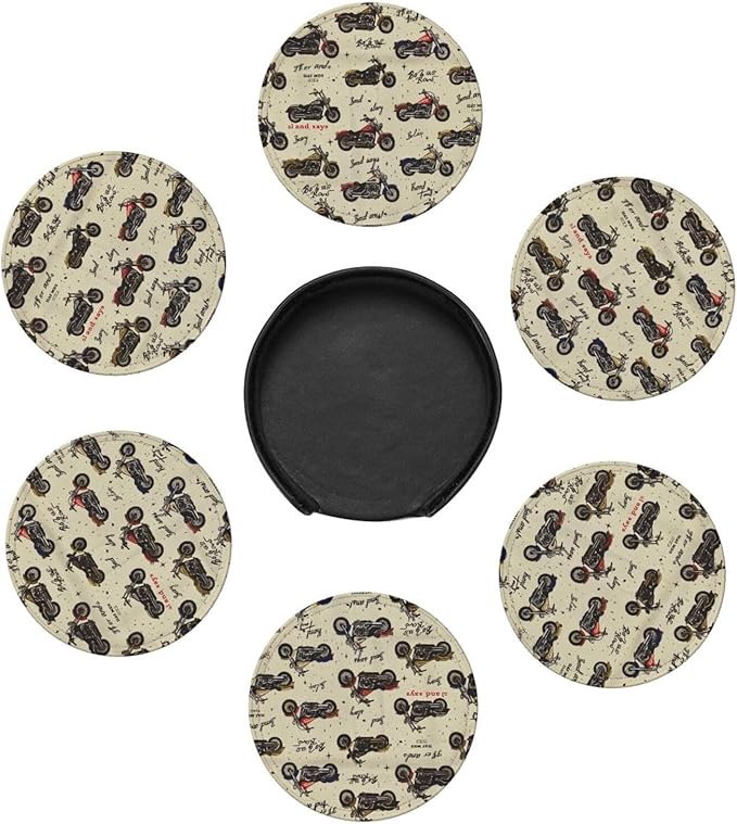 Motorcycles Leather Drinks Coasters with Holder, Set of 6, Suitable for Various Cups