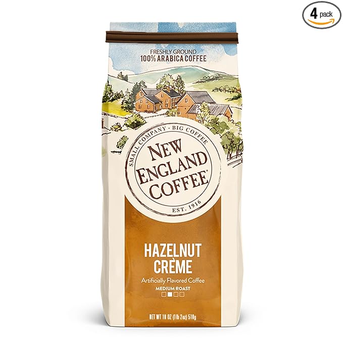 New England Coffee Hazelnut Crème Medium Roast Ground Coffee, 18oz Bag (Pack of 4)