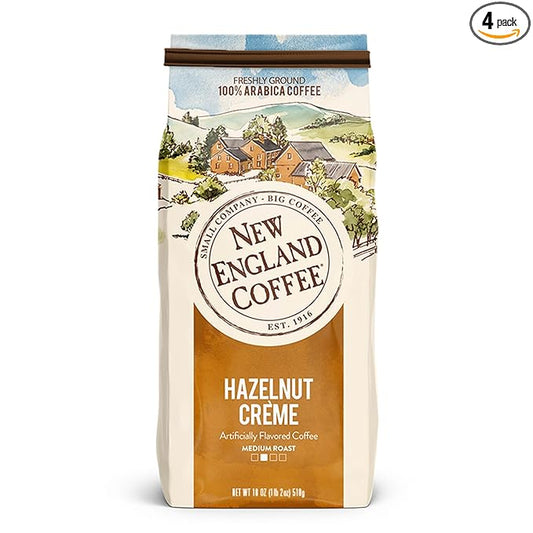 New England Coffee Hazelnut Crème Medium Roast Ground Coffee, 18oz Bag (Pack of 4)