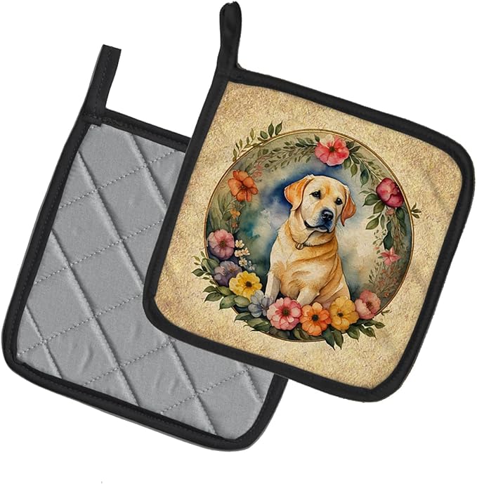 Caroline's Treasures Yellow Labrador Retriever and Flowers Pair of Pot Holders Kitchen Heat Resistant Pot Holders Sets Oven Hot Pads for Cooking Baking BBQ, 7 1/2 x 7 1/2