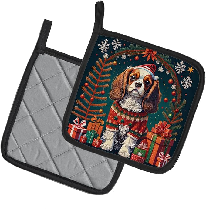 Caroline's Treasures Cavalier King Charles Spaniel Christmas Pair of Pot Holders Kitchen Heat Resistant Pot Holders Sets Oven Hot Pads for Cooking Baking BBQ, 7 1/2 x 7 1/2
