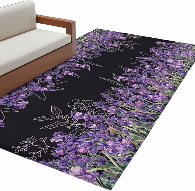 Area Rug 4x6ft, Spring Purple Lavender Flower Washable Rugs for Living Room Bedroom, Watercolor Floral on Black Soft Non-Slip Area Rugs Rectangle Floor Carpet for Dining Room