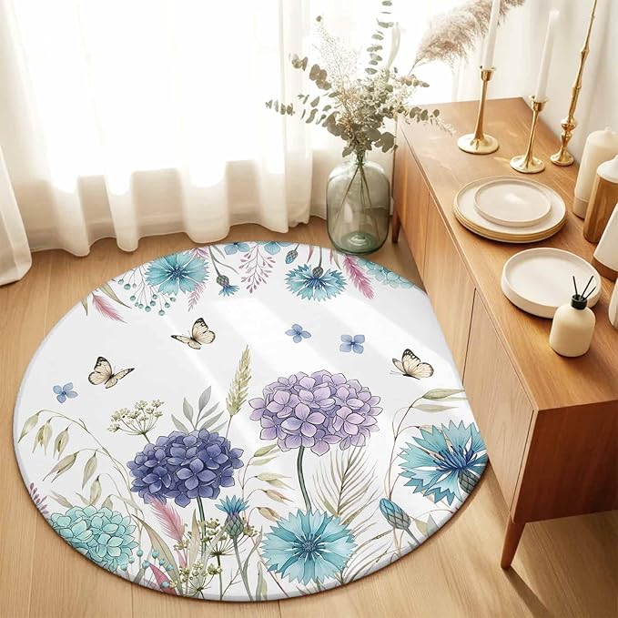 Washable Round Area Rug Spring Flower Thistle Hydrangea Circle Rugs Floor Carpet for Living Room Bedroom, Wild Garden Floral Butterfly Soft Non Slip Round Rug 5ft