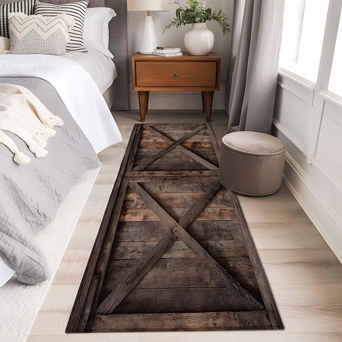 Runner Rug for Bedroom Hallway, Vintage Farmhouse Barn Kitchen Runner Rugs Area Rug 2x6ft, Country Wooden Plank Washable Soft Floor Carpet for Entryway Stair