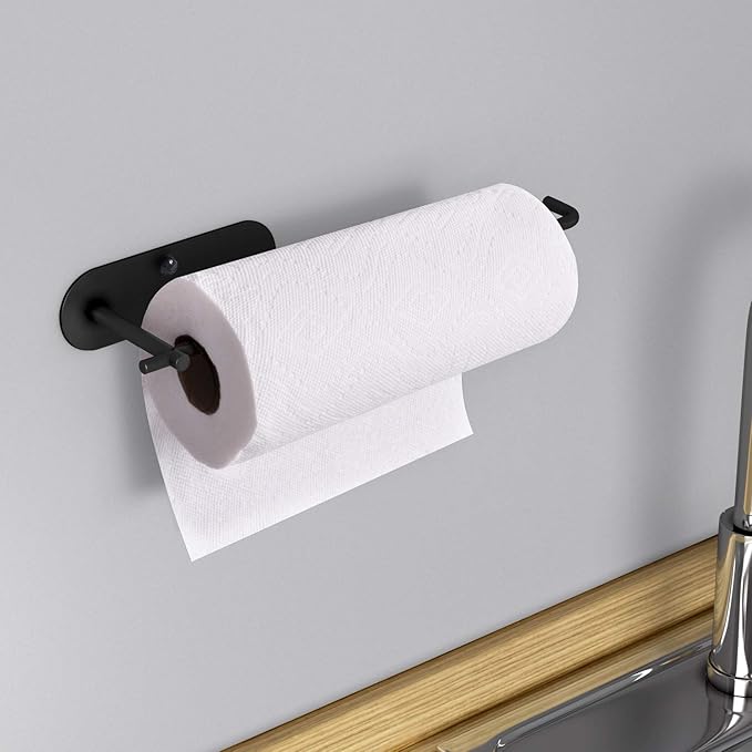 VAEHOLD Self Adhesive Paper Towel Holder Under Cabinet Mount, Wall Mounted Paper Towel Roll Holder for Kitchen, Bathroom, Wall - SUS304 Stainless Steel (Black)