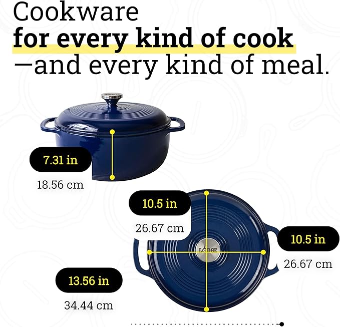 Lodge Essential Enamel Cast Iron Dutch Oven - Perfect for Bread Baking, Braising, Marinating & Slow Cooking - Features Moisture-Sealing Lid & Dual Handles - Kitchen Essentials - 6 Quarts - Indigo