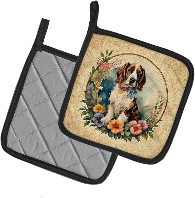 Caroline's Treasures Welsh Springer Spaniel and Flowers Pair of Pot Holders Kitchen Heat Resistant Pot Holders Sets Oven Hot Pads for Cooking Baking BBQ, 7 1/2 x 7 1/2