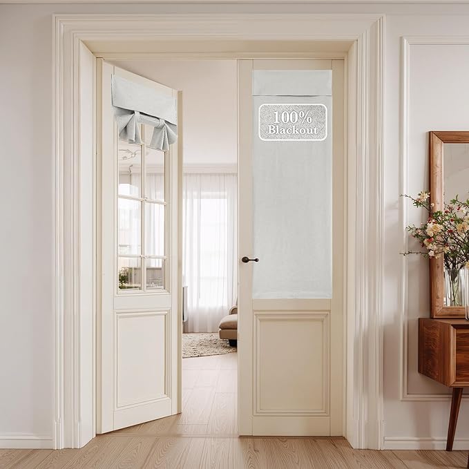 NICETOWN 100% Blackout Linen Door Curtains for Window, Privacy French Door Blinds 64 Inches Long for Kitchen Living Room, Room Darkening Tie Up Shade, 1 Panel, 26W x 64" L, Greyish White