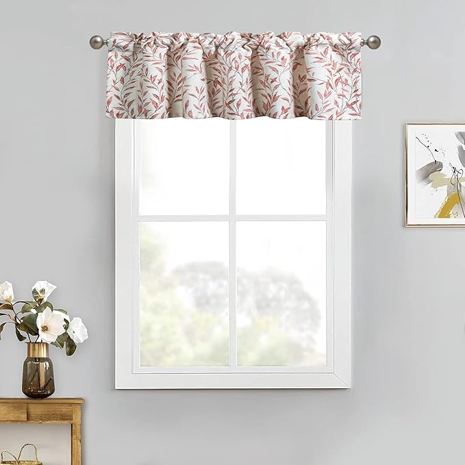 VOGOL Valances for Kitchen, Red Leaf Print Linen Textured Valance for Curtain Panels for Windows, Rod Pocket, 52x12, One Panel