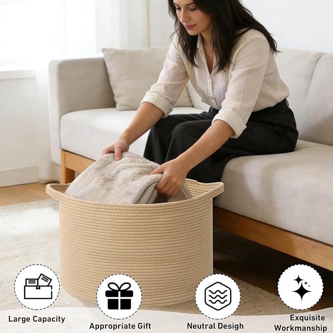 115L Extra Large Blanket Basket,Woven Rope Laundry Basket Hamper with Handles, Decorative Nursery Basket Storage Bin for Toys, Clothes Organizer, Living Room, Bedroom, Bathroom, Camel
