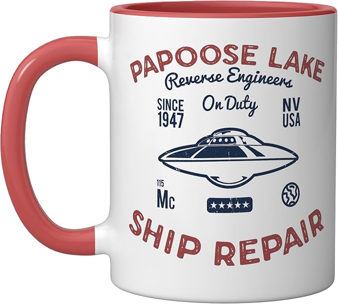 Flying Saucer Papoose Lake Ship Repair Funny UFO Ceramic Mug, Red/White
