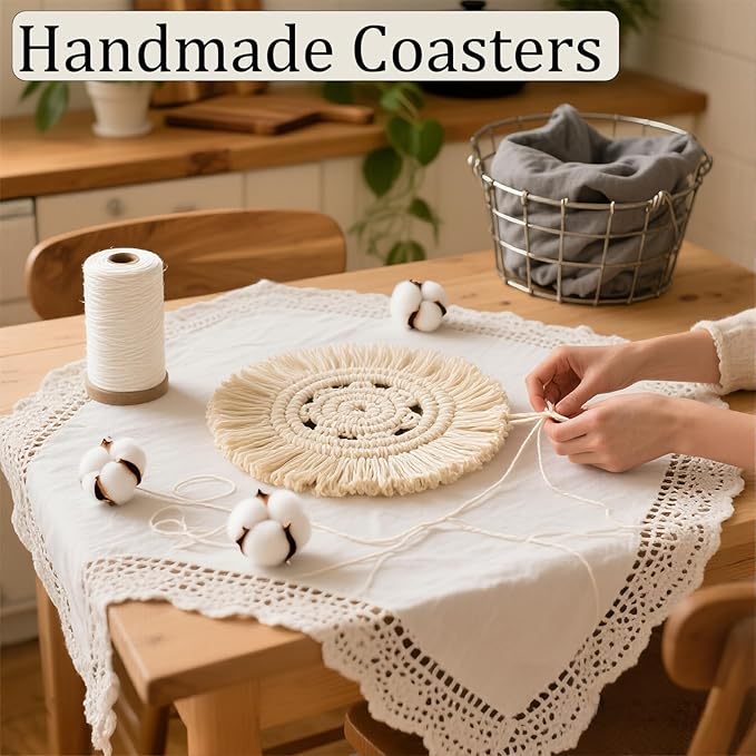 Boho Macrame Coasters Set of 2,Absorbent Coaster for Drinks, Round Handmade Woven Coasters for Boho Home Decor, CupCoasters for Office Desk, Kitchen, Dining Room, Bar (Hole-Beige(2pcs)/7.4in)