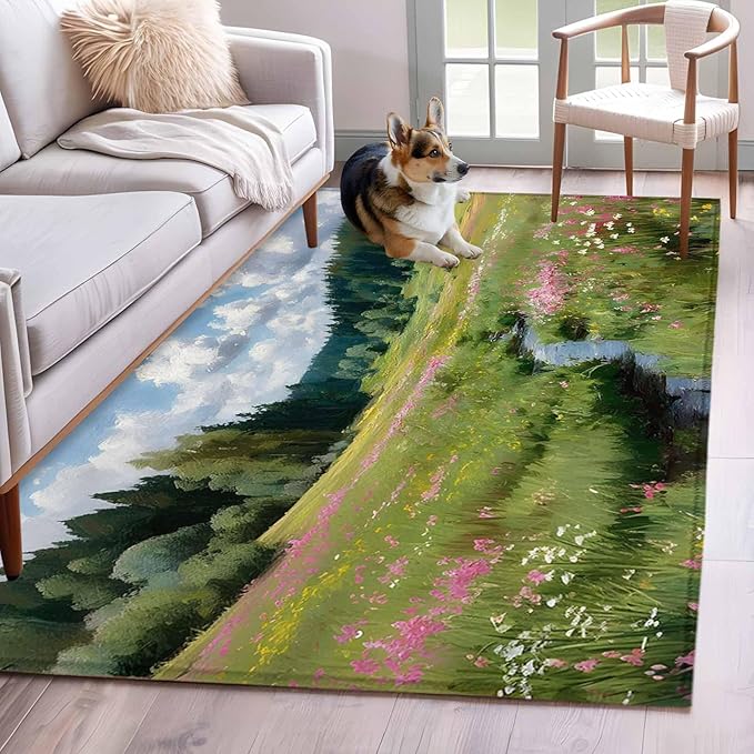 Area Rug 4x6ft, Watercolor Flowers Leaves Forest Meadow Washable Rugs for Living Room Bedroom, Oil Paint Texture Soft Non-Slip Area Rugs Rectangle Floor Carpet for Dining Room