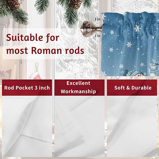 Christmas Snowman Swag Valance Curains Winter Xmas Tree Snowflakes Gradient Blue Rod Pocket Kitchen Curtains Scalloped Window Treatment Valances Swag for Living Room Bedroom, 1 Pair, 36"W x 45"L