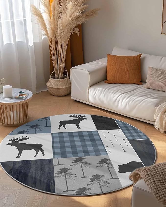 Round Area Rug,Elk Bear Jungle Animal Shadow Circle Living Room Rug Non-Slip Rugs Indoor Carpet,Retro Blue Plaid Soft Comfort Rugs for Bedroom KidsRoom Nursery