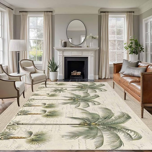 Area Rug 8x10ft, Coastal Tropical Olive Green Palm Trees Washable Rugs for Living Room Bedroom, Classic Retro Linen Soft Non-Slip Area Rugs Rectangle Floor Carpet for Dining Room