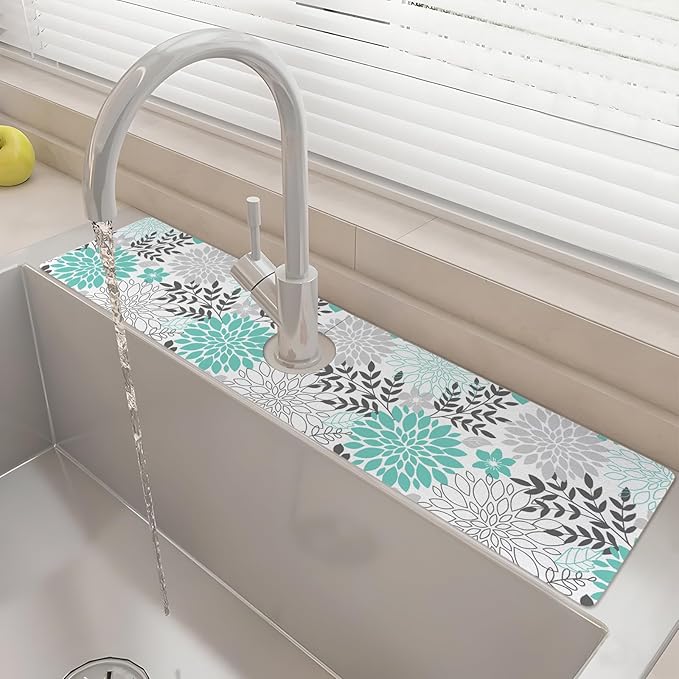 24" X 5.5" Kitchen Sink Splash Guard Faucet Mat Flora Super Absorbent Fast Drying Faucet Guard & Draining Mat Sink Splash Guard Behind Faucet for Kitchen, Bathroom
