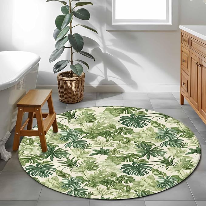 Washable Round Area Rug Green Palm Leaf Watercolor Circle Rugs Floor Carpet for Living Room Bedroom, Summer Tropical Leaves Soft Non Slip Round Rug 3ft