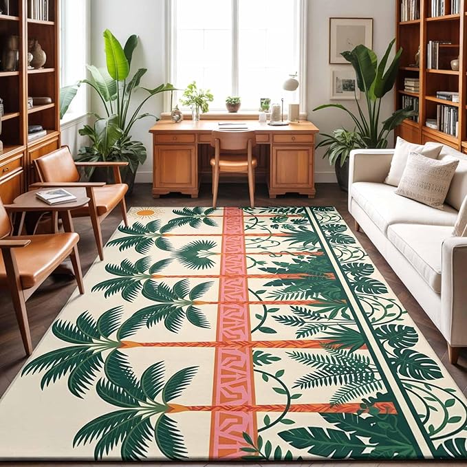Area Rug 3x5ft, Vintage Sage Green Tall Palm Trees Washable Rugs for Living Room Bedroom, Summer Tropical Plants Soft Non-Slip Area Rugs Rectangle Floor Carpet for Dining Room