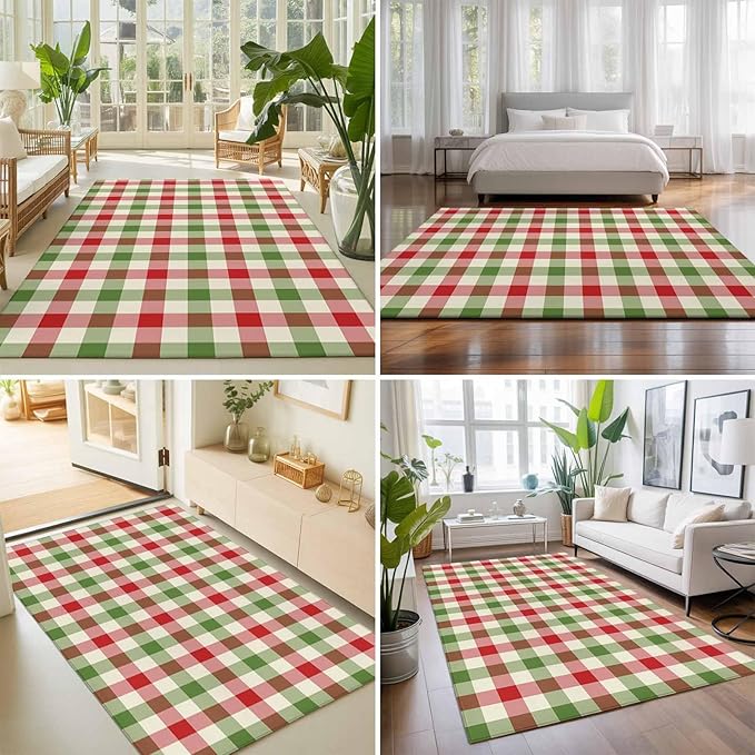 Area Rug 3x5ft, Vintage Pastoral Red Green Buffalo Gingham Washable Rugs for Living Room Bedroom, Christmas Plaid Soft Non-Slip Area Rugs Rectangle Floor Carpet for Dining Room
