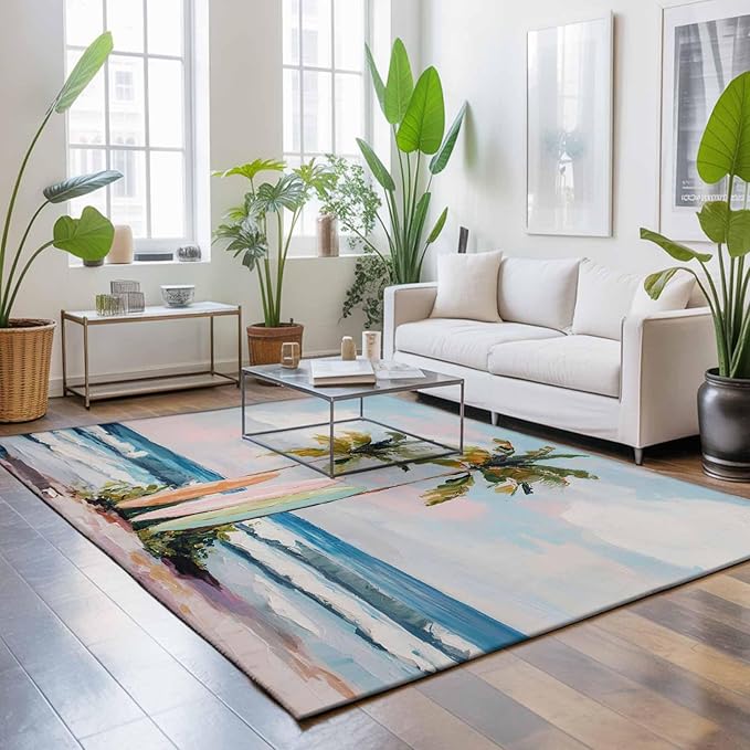 Area Rug 9x12ft, Summer Blue Ocean Surfboard Washable Rugs for Living Room Bedroom Rectangle Floor Carpet, Tropical Plant Palm Tree Soft Non-Slip Area Rugs for Dining Room
