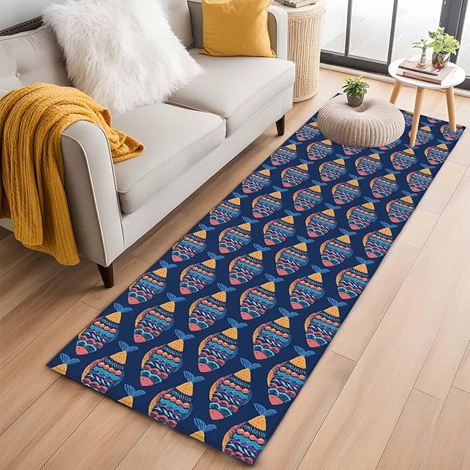Runner Rug for Bedroom Hallway, Ethnic Style Ocean Fish Kitchen Runner Rugs Area Rug 2x6ft, Watercolor Marine Life on Navy Blue Washable Soft Floor Carpet for Entryway Stair