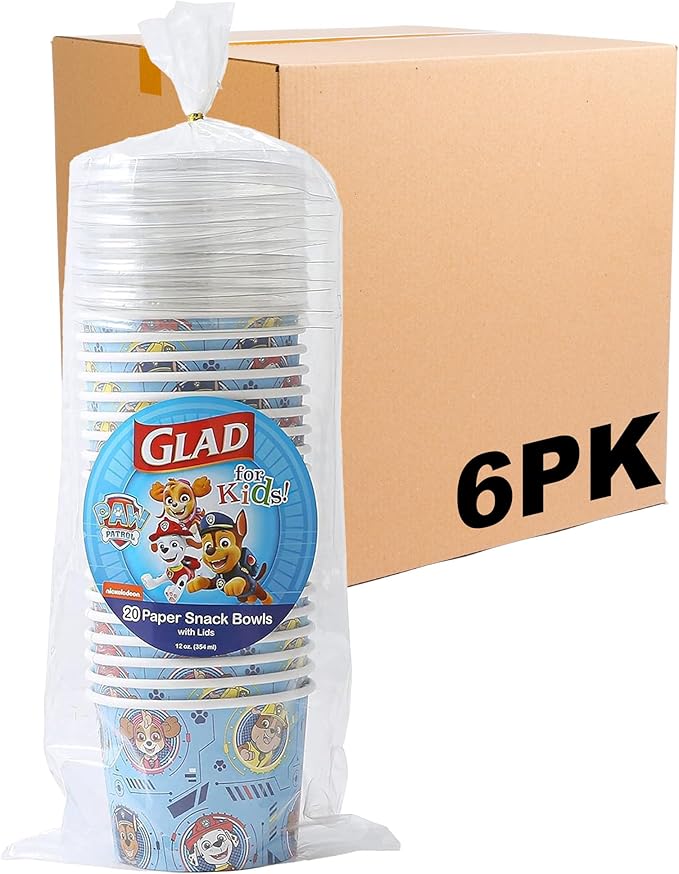 Glad for Kids PAW Patrol Paper Snack Bowls with Lids - Disposable Bowl for Snacks and Everyday Use with Core Pups Blue Pattern, 12 oz, 20 Count - 6 Pack