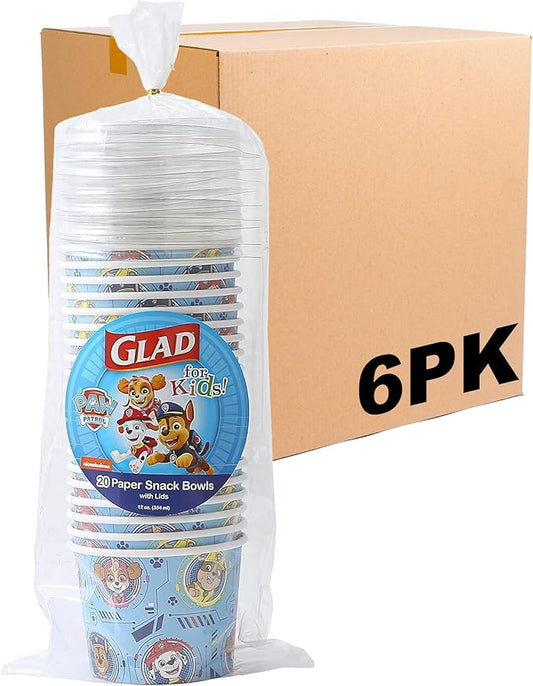 Glad for Kids PAW Patrol Paper Snack Bowls with Lids - Disposable Bowl for Snacks and Everyday Use with Core Pups Blue Pattern, 12 oz, 20 Count - 6 Pack