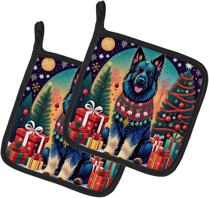 Caroline's Treasures Belgian Sheepdog Christmas Pair of Pot Holders Kitchen Heat Resistant Pot Holders Sets Oven Hot Pads for Cooking Baking BBQ, 7 1/2 x 7 1/2