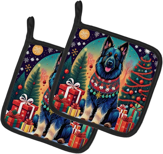 Caroline's Treasures Belgian Sheepdog Christmas Pair of Pot Holders Kitchen Heat Resistant Pot Holders Sets Oven Hot Pads for Cooking Baking BBQ, 7 1/2 x 7 1/2