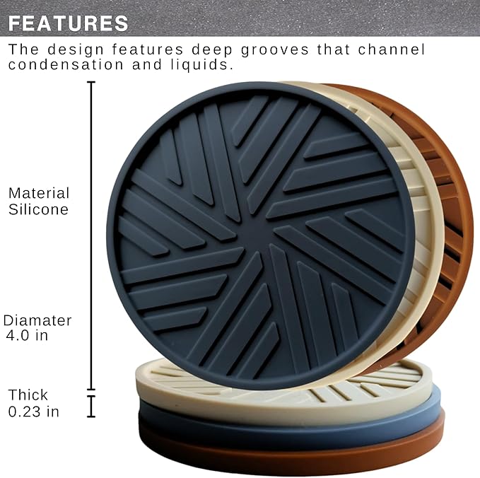 Silicone Coasters for Drinks -Set of 6 - with smart, Modern, Groove Patterns & Gold Holder - Protection Your Vintage Coffee Table from Condensation Cups, Home Office Decor