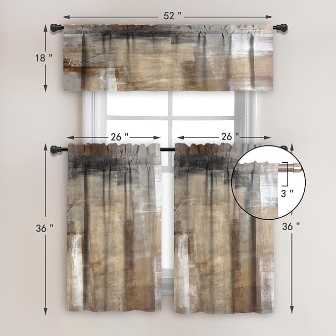 MCALK Brown Blackout Kitchen Curtains Tiers and Valances for Windows, Beige Kitchen Window Curtains, Modern Abstract Art Valances for Living Room (36" Tiers Set)