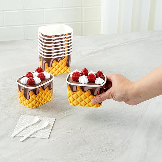 Restaurantware Paper Cups 200 Count 12 Ounce Square Disposable Ice Cream Containers, Leak-Resistant Paper Dessert To Go Cups, Hot And Cold Food, Durable Chocolate Drizzle Design