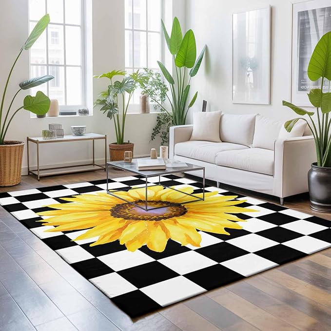 Area Rug 3x5ft, Watercolor Sunflower on Checkered Washable Rugs for Living Room Bedroom, Yellow Black White Soft Non-Slip Area Rugs Rectangle Floor Carpet for Dining Room