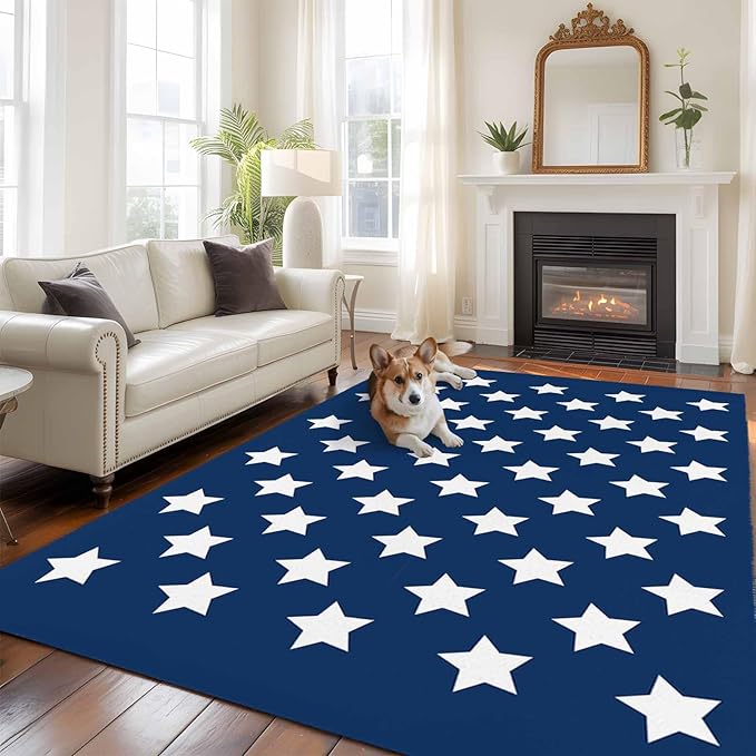 Area Rug 6x9ft, 4th of July White Star on Navy Blue Washable Rugs for Living Room Bedroom, Independence Freedom Liberty Soft Non-Slip Area Rugs Rectangle Floor Carpet for Dining Room