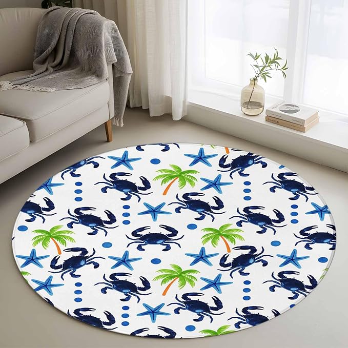 Washable Round Area Rug Abstract Blue Crab Starfish Circle Rugs Floor Carpet for Living Room Bedroom, Watercolor Palm Tree Soft Non Slip Round Rug 4ft