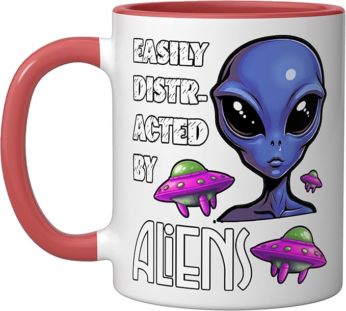 Easily Distracted By Aliens Funny Sci Fi Apparel Design Ceramic Mug, Red/White