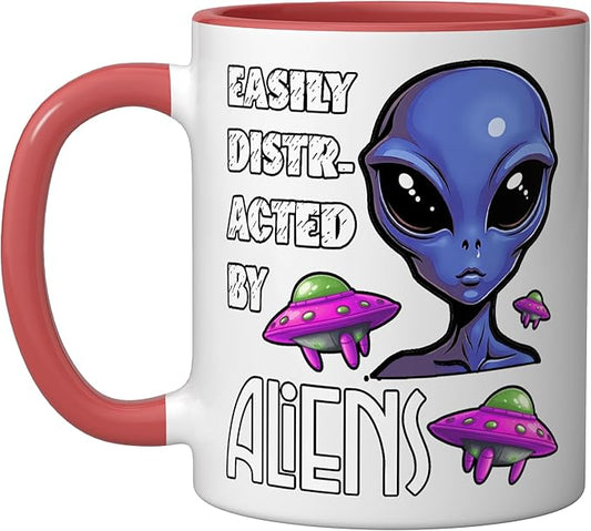 Easily Distracted By Aliens Funny Sci Fi Apparel Design Ceramic Mug, Red/White