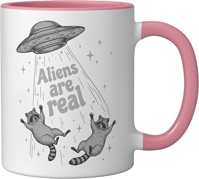 Aliens Are Real UFO Raccoon Abduction Ironic Meme Ceramic Mug, Pink/White